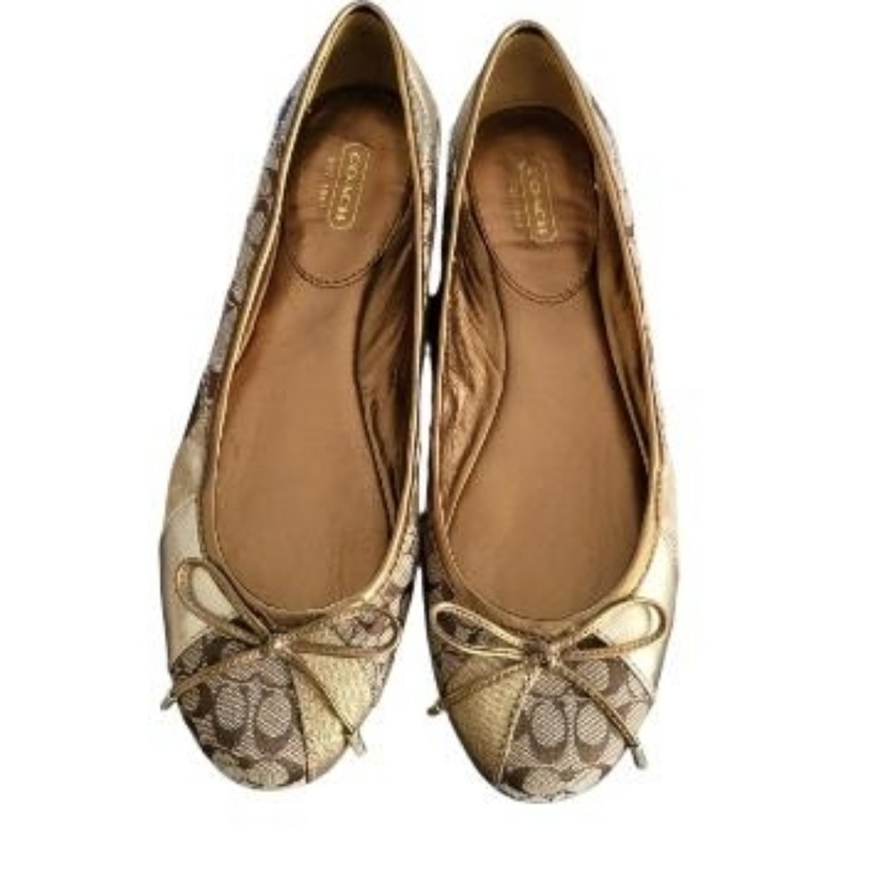 Coach Ariell Patchwork Monogram Signature Gold Flat Ballet Slip On Shoe Women 9